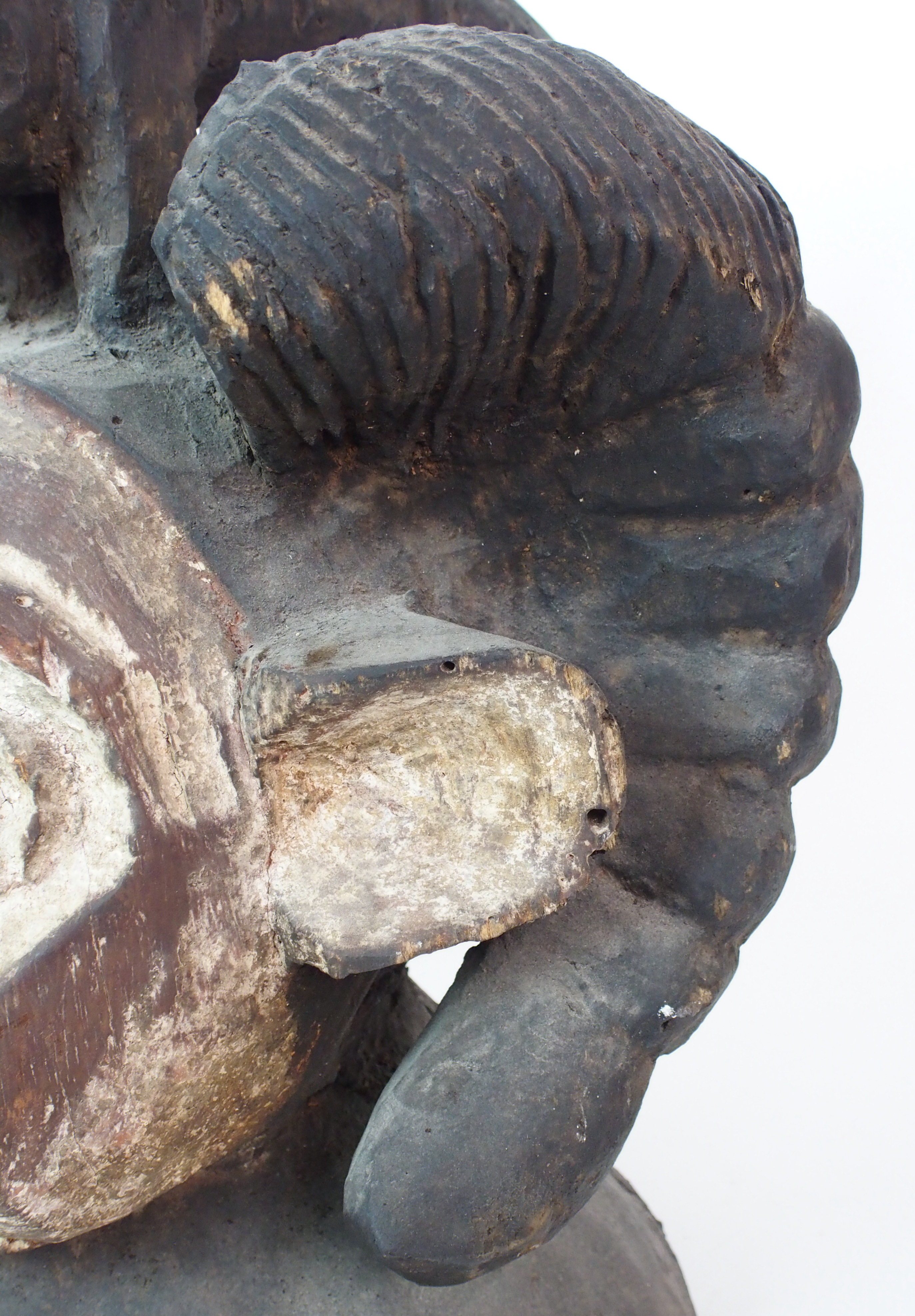 An African carved and painted wood mask with animal finial and scroll shaped ears, 38cm high - Image 10 of 10