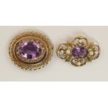 Two rose gold Victorian amethyst set brooches one is also a pendant with delicate filigree and