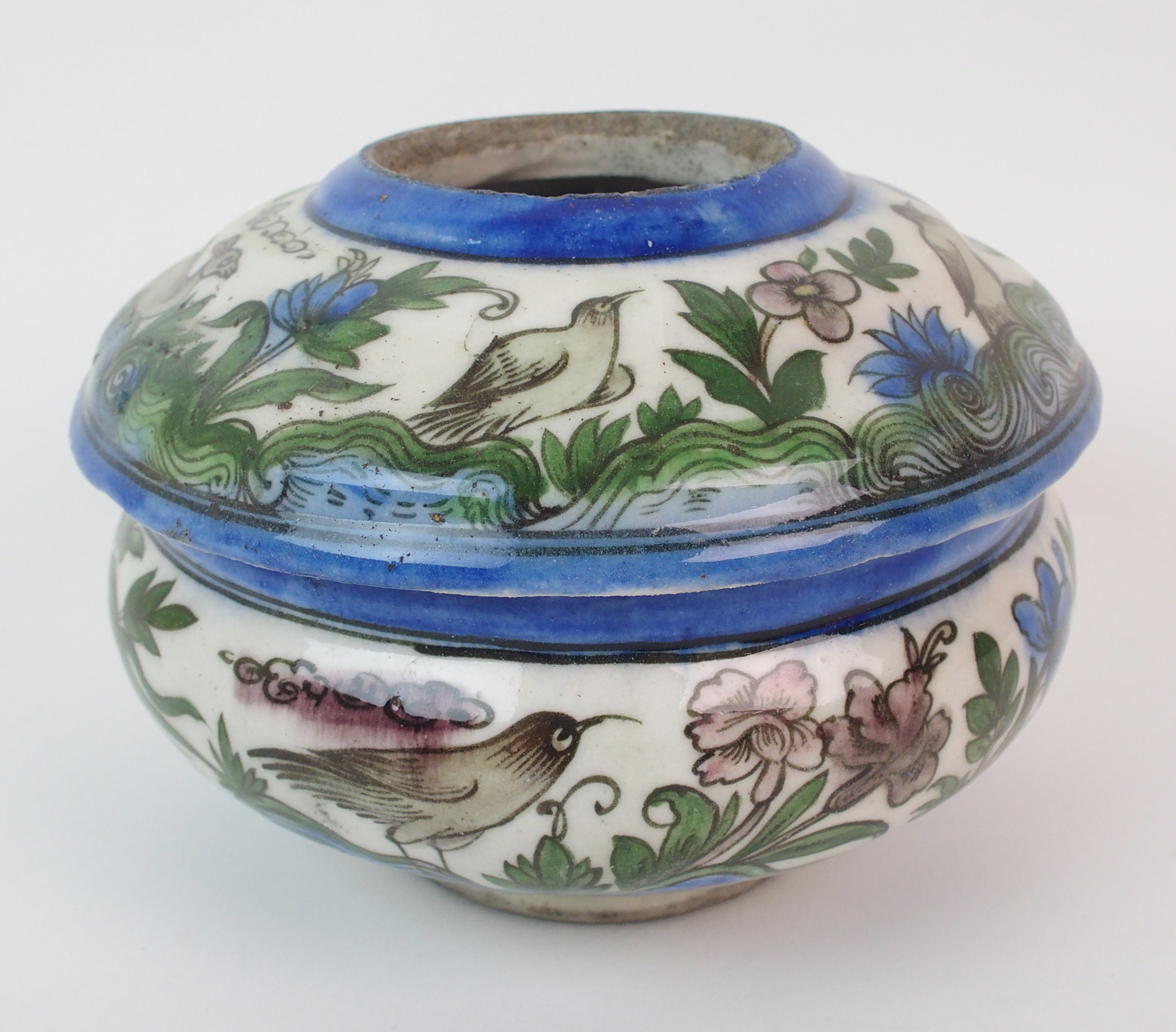 A Persian pottery oil lampbase painted with birds and flowers (glaze flaw), 14cm high and a marble - Image 7 of 10