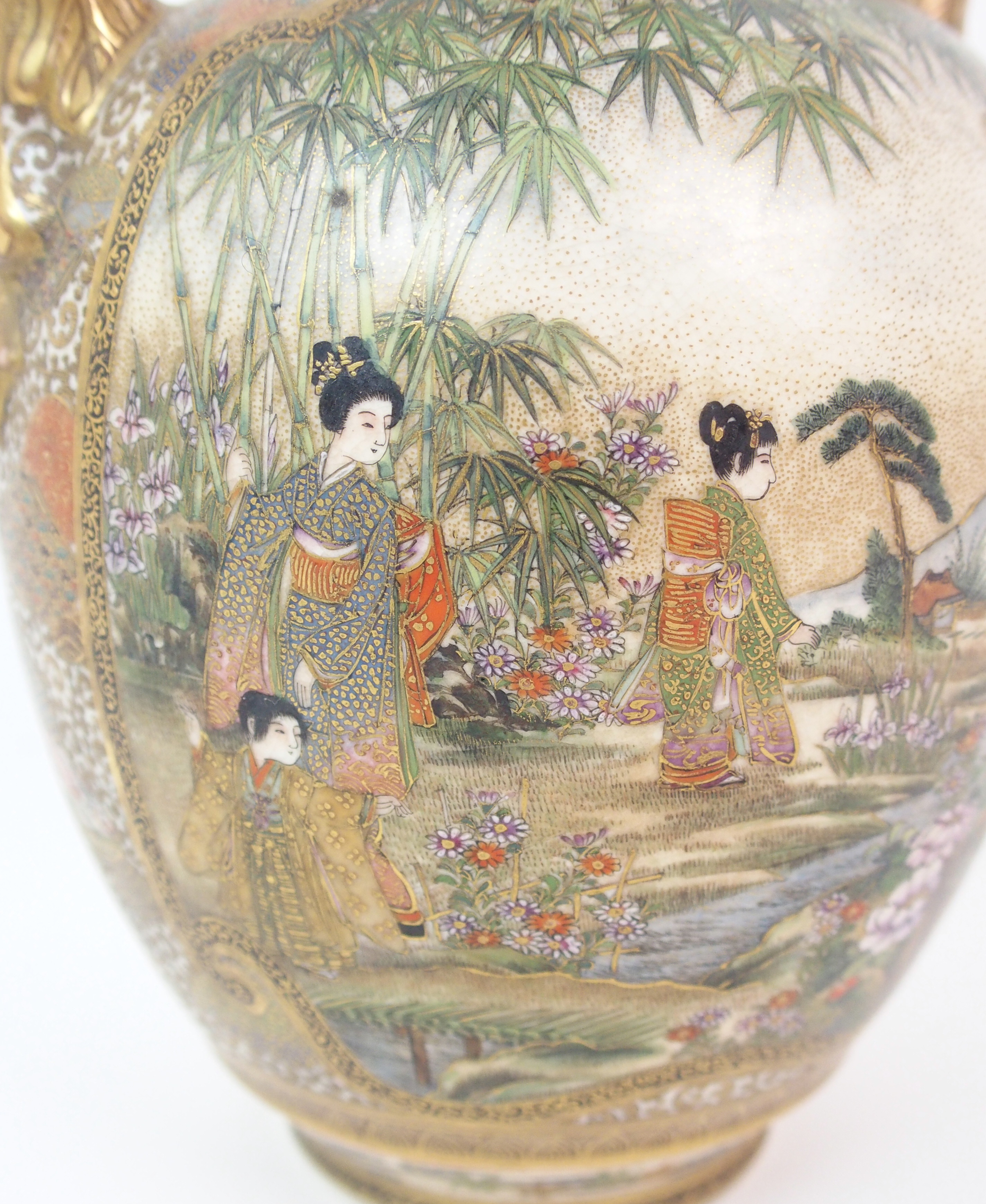 A Satsuma two-handled vase painted with figures in extensive landscapes divided by gilt diaper and - Image 5 of 10