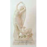 A Continental carved marble figure of Diana depicting Diana the Huntress with arms raised and