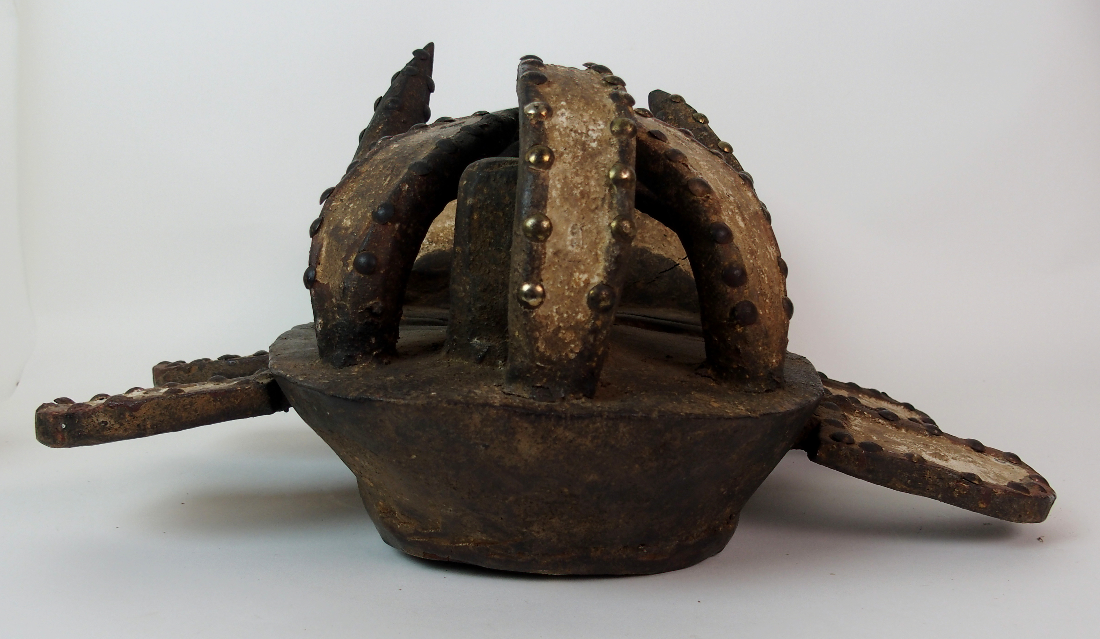 An African carved and painted wood mask with brass studded decoration, 40cm high - Image 3 of 10