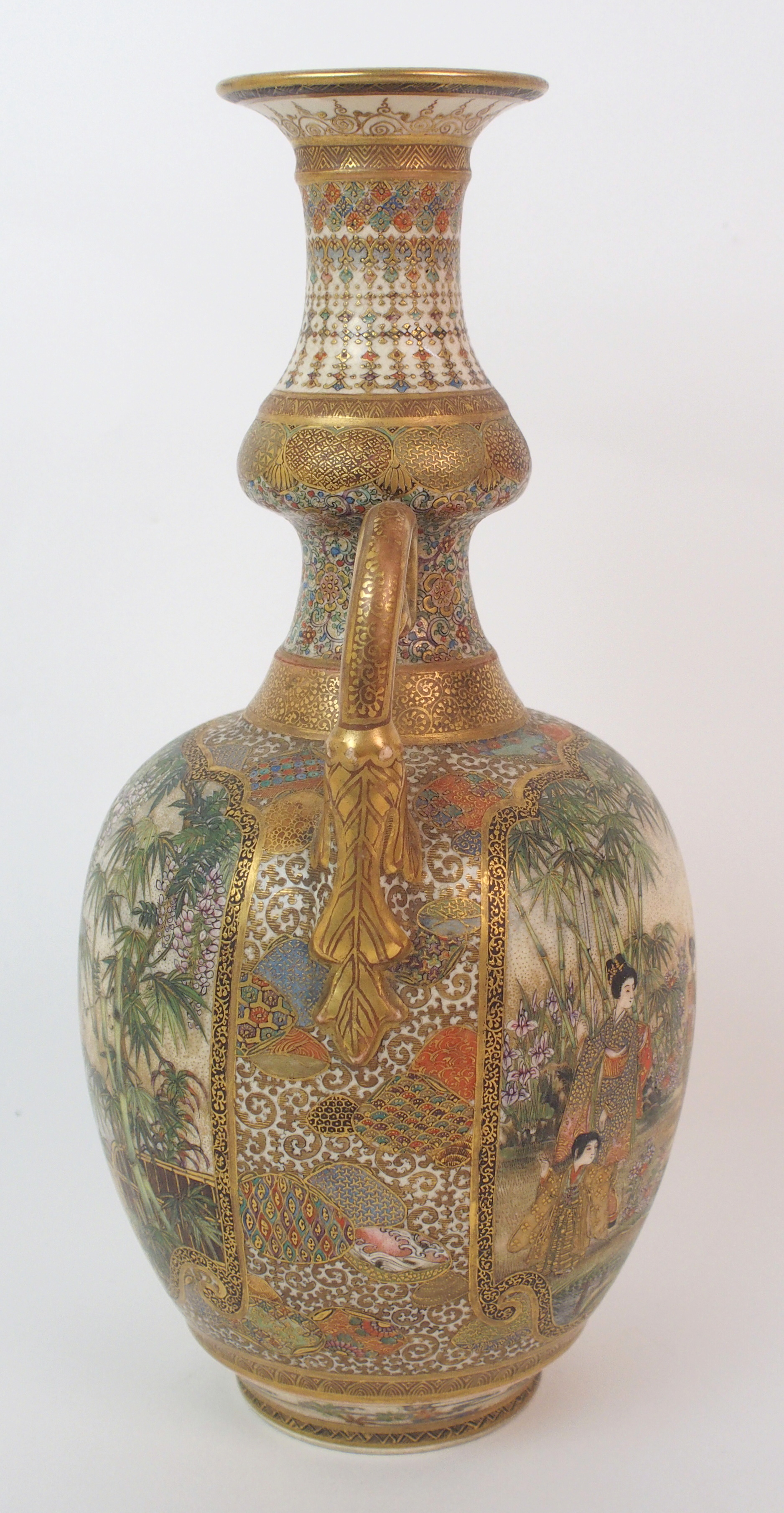 A Satsuma two-handled vase painted with figures in extensive landscapes divided by gilt diaper and - Image 6 of 10