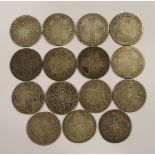 Fifteen British silver Shillings 1663 Charles II, poor condition 1696Y William III, fine condition