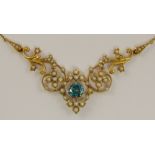 A 15ct pearl and blue zircon Edwardian necklace set with split pearls to the knife edge floral