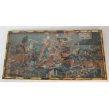 A Japanese woodblock triptych of a battle scene at sea, 36 x 73cm