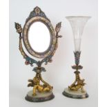 A French gilt bronze and champleve enamel dressing table mirror with matching vase circa 1900,