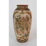 A Satsuma slender baluster vase finely painted with panels of figures in scroll cartouche flanked by