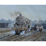 Original Oil Painting 'Newton Heath Black 5's' by Joe Townend GRA. Depicts 44895 and 45202 on