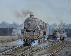 Original Oil Painting 'Newton Heath Black 5's' by Joe Townend GRA. Depicts 44895 and 45202 on