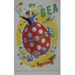 Poster Airline 'Fly BEA This Spring' by Hanna, double royal size 25in x 40in. Depicts large