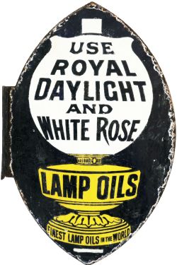 Advertising Enamel USE ROYAL DAYLIGHT AND WHITE ROSE LAMPS OILS . Double side wall mounted type ,