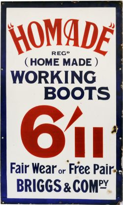 Advertising Enamel Homemade Working Boots Fair Wear or Free Pair , Briggs & Compy'. Red and blue