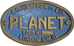 Worksplate F.C. Hibberd & Co Ltd Planet Loco No 3576. Standard Gauge 4wDM ex-works on 7 January 1953