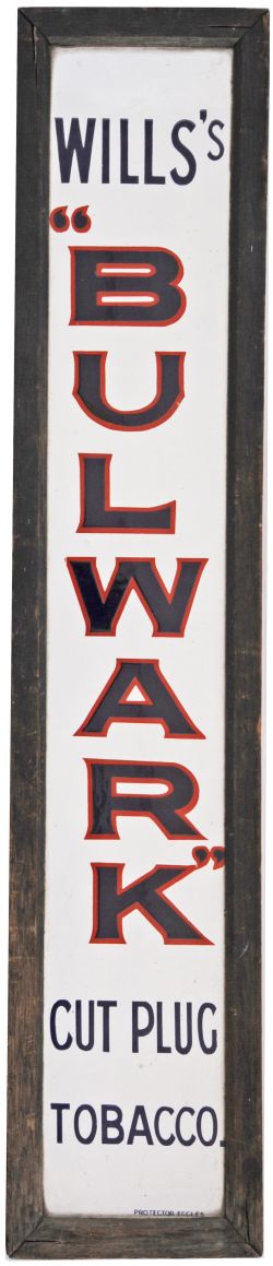 Advertising Enamel in original wooden mounting frame 'Wills's Bulwark Cut Plug Tobacco', red and