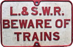 L&SWR cast iron Sign 'Beware Of Trains'. Face only restored.