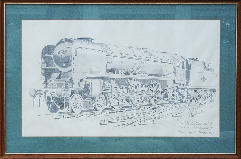 Framed and Glazed pencil sketch of Bulleid 34018 Axminster 22.5in x 15in by K Apperley 1980 , To the