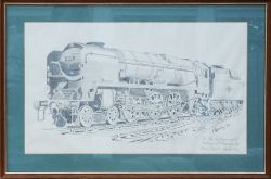 Framed and Glazed pencil sketch of Bulleid 34018 Axminster 22.5in x 15in by K Apperley 1980 , To the