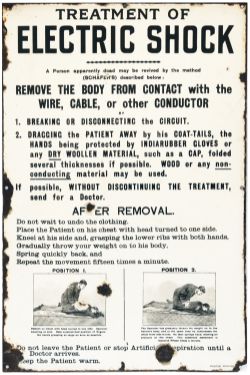 Advertising enamel semi pictorial, 'Treatment of Electric Shock' , describes the Schaffers method