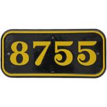 GWR Cabside Numberplate 8755. Ex GWR 0-6-0PT built Swindon October 1933 and allocated to Paddington.