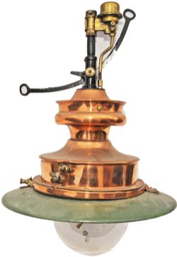Sugg Railway Platform Lamp, copper with a green 'Mexican Hat' enamel shade. The copper surround is