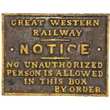 GWR cast iron Signal Box Door Notice painted in original chocolate and cream colour, ex Hatton
