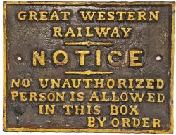 GWR cast iron Signal Box Door Notice painted in original chocolate and cream colour, ex Hatton