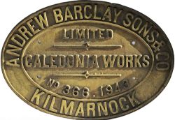 Worksplate Andrew Barclay 366/1943, oval brass. Ex Standard Gauge 153hp 0-4-0DM No.1 new to ICI Ltd,