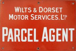 Bus Sign 'Wilts & Dorset Motor Services Ltd Parcel Agent. Measures 15in x 10in, white lettering on