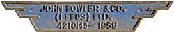 Worksplate John Fowler & Co Leeds Ltd no 4210143 dated 1958. Ex Standard Gauge 0-6-0DM new in August