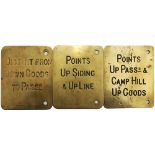 Midland Railway brass Signal Box Lever Plates, qty 3 comprising: Points Up Passgr & Camp Hill Up