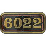 GWR Cabside Numberplate 6022. Ex KING EDWARD III, Built June 1930 at Swindon and allocated to