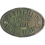 Worksplate WG Bagnall Ltd Engineers Stafford England No 2751. Ex Standard Gauge 0-6-0ST Austerity