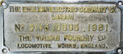 Worksplate The English Electric Company Ltd London No 3145/D695 1961 The Vulcan Foundry Ltd