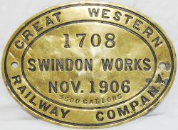 GWR 3500 Gallons brass Tender Plate no.1708, Nov 1906. Carried by 3814 County of Cheshire and 3401