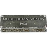 Worksplate Metropolitan Vickers 1958. Ex British Railways Standard Gauge Class 28 Co-Bo Diesel