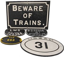 Midland Railway cast iron Beware Of Trains Sign together with an LNWR cast iron Bridgeplate No 31,