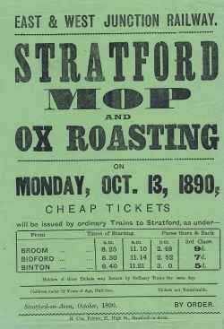 East & West Junction Railway Handbill 'Stratford Mop and Ox Roasting, Monday Oct 13 1890. Printed by