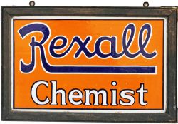 Advertising Enamel , REXALL CHEMIST, Double side and in original wooden hanging frame, Blue and