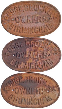 Wagon Plates, qty 3 the same 'Rudge Brown & Co Owners, Birmingham. Measuring 10in x 6in and all