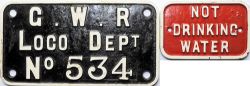 GWR cast iron Crane Plate 'GWR Loco Dept No 534 measuring 11in x 6in. Together with a cast iron