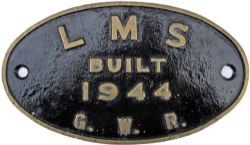 Worksplate LMS Built 1944 GWR, oval brass. A quantity of Stanier 8F freight locomotives were