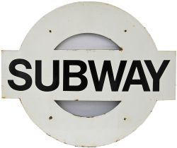 Target Sign SUBWAY, black on white enamel 27 inches x 22 inches, in good condition. Could be LT or