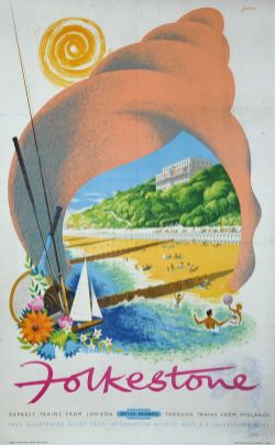 Poster British Railways 'Folkestone' by Lander, double royal size, 1951. Depicts a seafront and