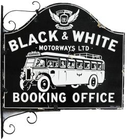 Advertising enamel Sign ' Black & White Motorways Ltd., Booking Office'. Double sided with