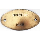 Worksplate, brass engraved '62038 of 1948'. Ex Peppercorn K1 locomotive built by the North British