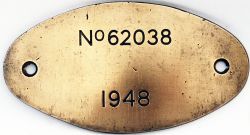 Worksplate, brass engraved '62038 of 1948'. Ex Peppercorn K1 locomotive built by the North British