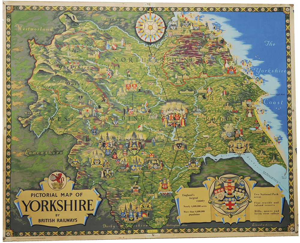 Poster British Railways 'Pictorial Map of Yorkshire' by E.H.Spencer, Quad Royal 40in x 50in. Printed
