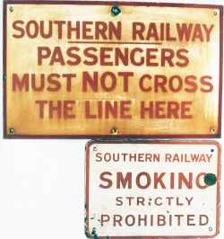 SR enamel sign 'Passengers Must Not Cross the Line Here' together with a SR Smoking Strictly