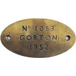 Worksplate No 1063 GORTON 1963, oval brass. Ex Metropolitan Vickers Class 76 EM1 locomotive number